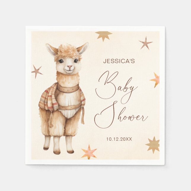 Servilleta De Papel Watercolor Llama Boho Beige Baby Shower (Anverso)
