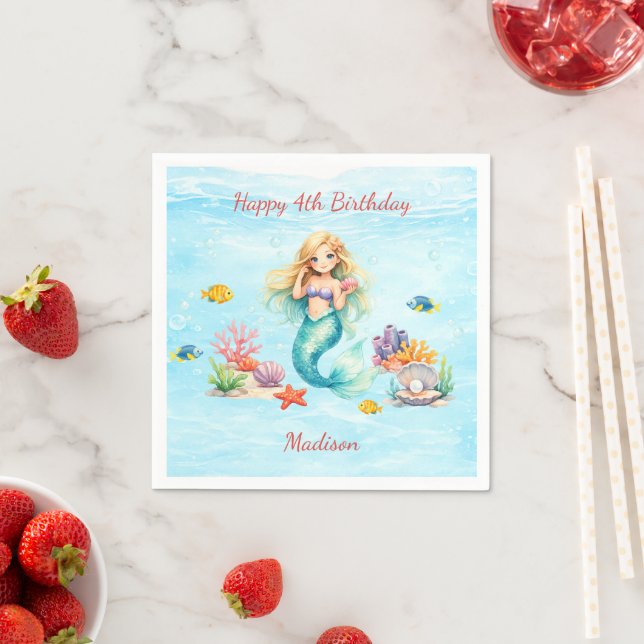 Servilleta De Papel Watercolor Mermaid Birthday (In situ)