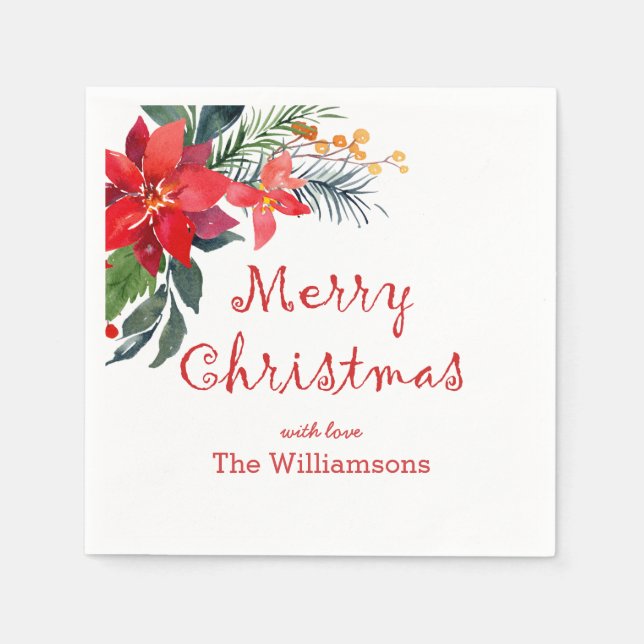 Servilleta De Papel Watercolor Merry Christmas Poinsettia (Anverso)