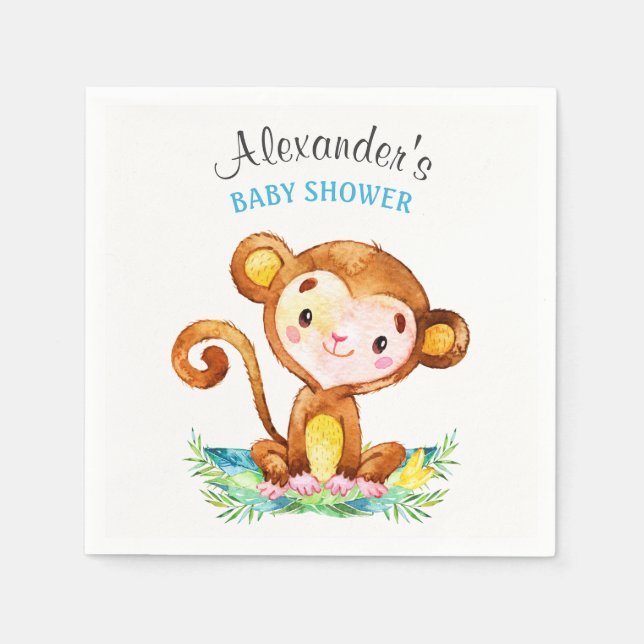 Servilleta De Papel Watercolor Monkey Boy Baby Shower (Anverso)