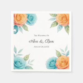 Servilleta De Papel Watercolor Orange and Teal Roses Wedding