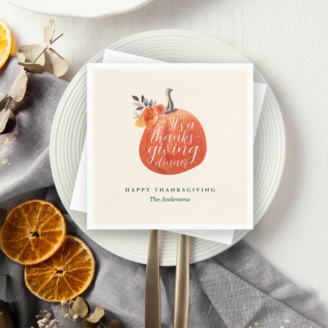 Servilleta De Papel Watercolor Orange Pumpkin Friendsgiving Dinner  (Subido por el creador)