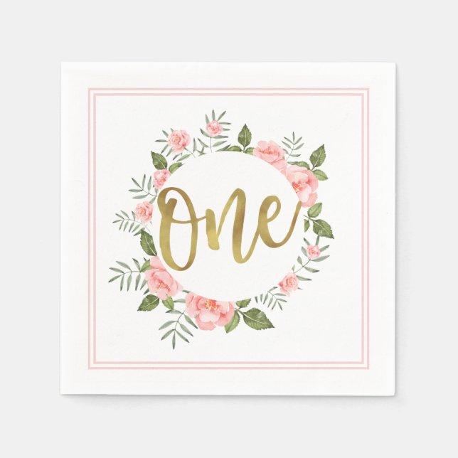 Servilleta De Papel Watercolor Oro Floral Rosa Primer Cumpleaños (Anverso)