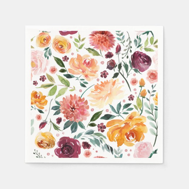 Servilleta De Papel Watercolor Otumn Blooms Pattern Fall Wedding (Anverso)