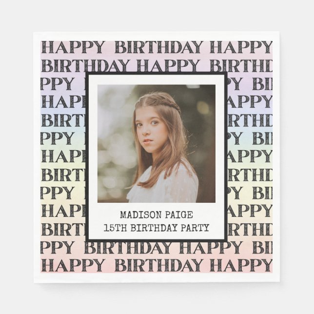 Servilleta De Papel Watercolor Pastel Rainbow Photo Happy Birthday (Anverso)