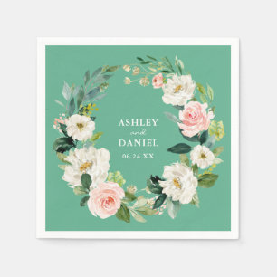 Servilleta De Papel Watercolor Pink Floral Wreath Boda Neo Mint