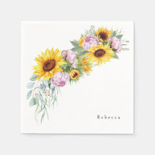 Servilleta De Papel Watercolor Pink Peonies & Sunflower Bridal