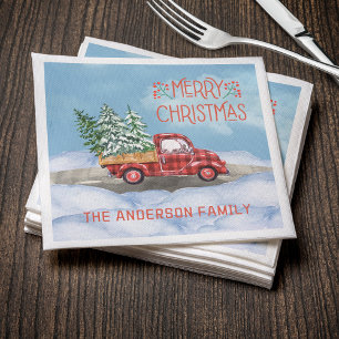 Servilleta De Papel Watercolor Plaid Red Truck Nieve Feliz Navidad