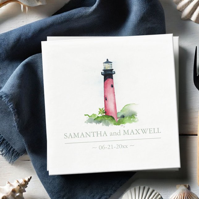 Servilleta De Papel Watercolor Red Lighthouse Beach Wedding (Jupiter lighthouse personalized napkins watercolor art by Victoria Grigaliunas of Do Tell A Belle)