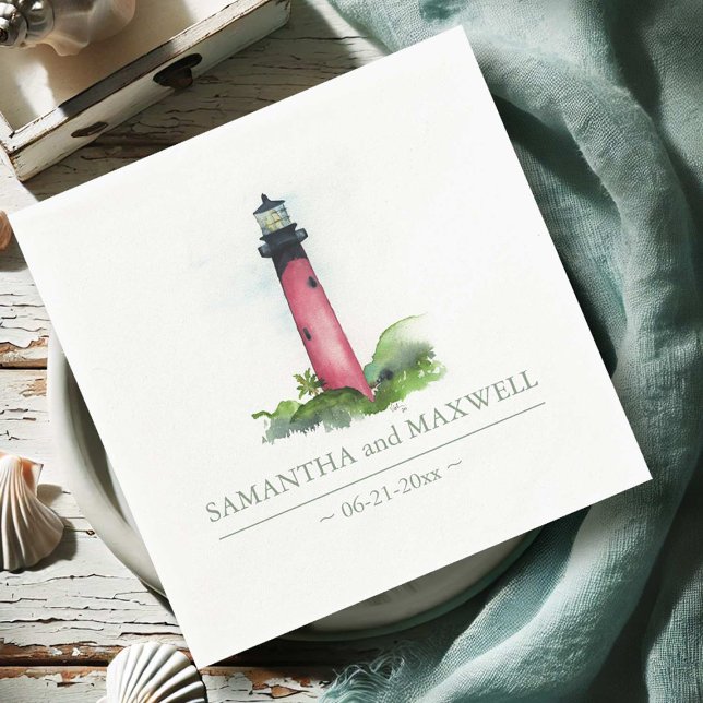 Servilleta De Papel Watercolor Red Lighthouse Beach Wedding (Beach wedding personalized napkins watercolor lighthouse by Victoria Grigaliunas Do Tell A Belle)