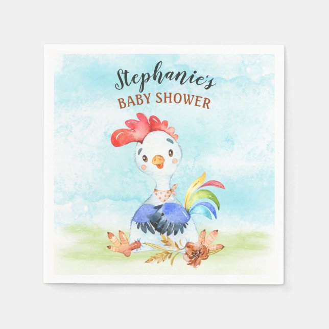 Servilleta De Papel Watercolor Rooster Baby Shower Farm (Anverso)