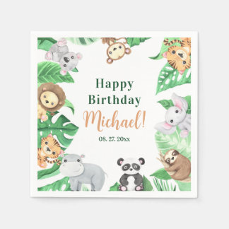 Servilleta De Papel Watercolor Safari Jungle Animals Happy Birthday