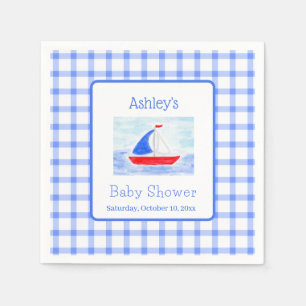 Servilleta De Papel Watercolor Sailboat Blue Check Baby Shower