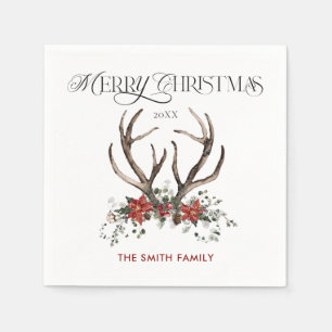 Servilleta De Papel Watercolor Stag Merry Navidad Botánica