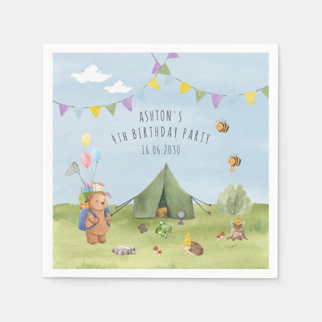 Servilleta De Papel Watercolor Teddy Bear, cumpleaños de aventura (Anverso)