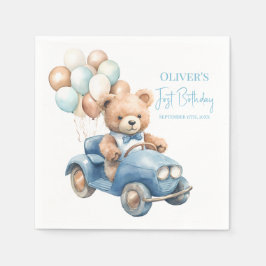 Servilleta De Papel Watercolor Teddy Bear Driving Car First Birthday