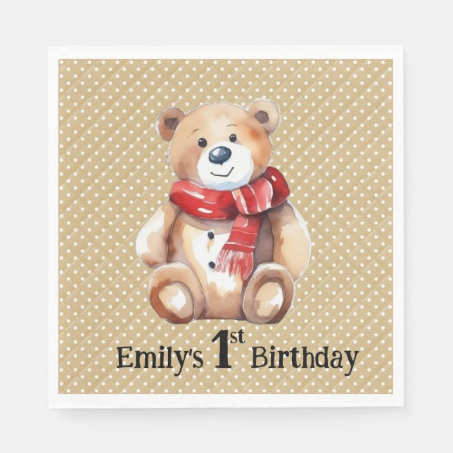 Servilleta De Papel Watercolor Teddy Bear Primer Cumpleaños (Anverso)