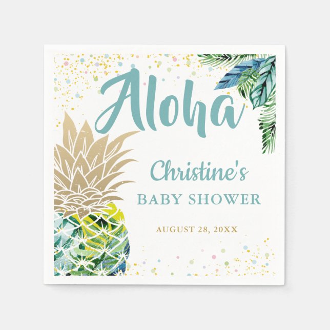 Servilleta De Papel Watercolor Tropical Pineapple Beach Baby Shower (Anverso)