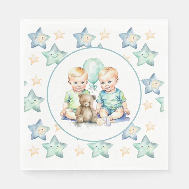 Servilleta De Papel Watercolor Twin Boys Baby Shower (Anverso)