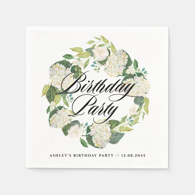Servilleta De Papel Watercolor White Hydrangea Wreath Birday Party (Anverso)