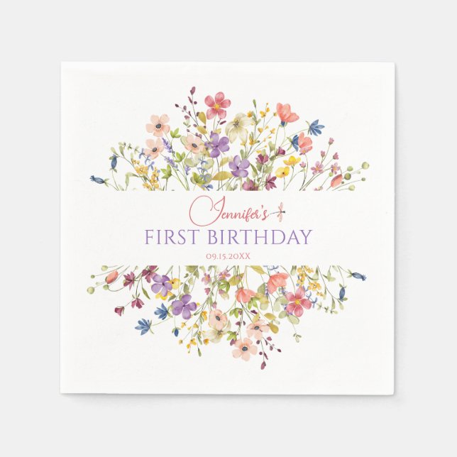 Servilleta De Papel Watercolor Wildflower Girl 1st Birthday Napkins (Anverso)