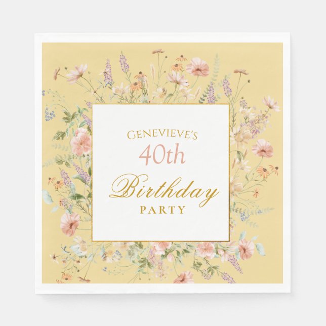 Servilleta De Papel Watercolor Wildflowers 40th Yellow Birthday (Anverso)