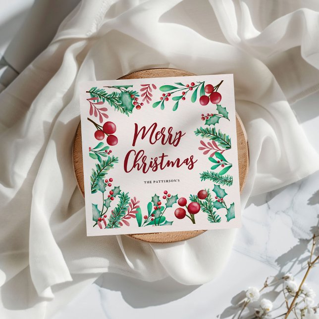 Servilleta De Papel Watercolor Winter Foliage Feliz Navidad (Subido por el creador)