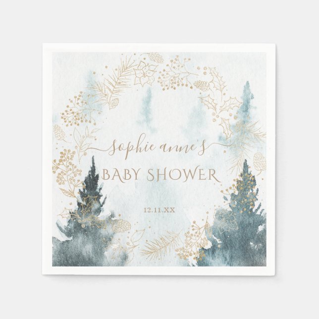 Servilleta De Papel Watercolor Winter Scenery Gold Baby Shower (Anverso)