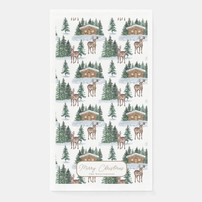 Servilleta De Papel Watercolor Winter Wonderland Rustic Barn Christmas (Anverso)