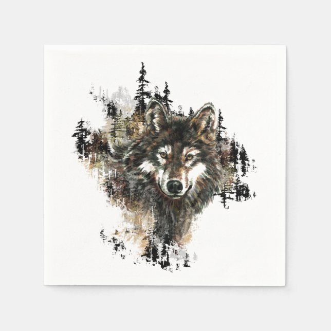 Servilleta De Papel Watercolor Wolf Mountain Animal Nature Art (Anverso)