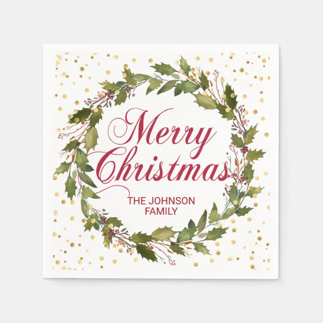 Servilleta De Papel Watercolor Wreath Holly Gold (Anverso)