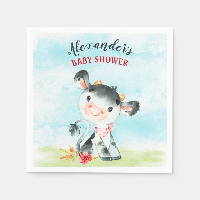 Servilleta De Papel WatercolorCow Baby Shower Farm (Anverso)