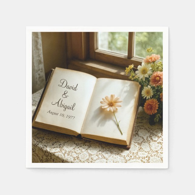 Servilleta De Papel Wedding Date and Names in an Open Book (Anverso)