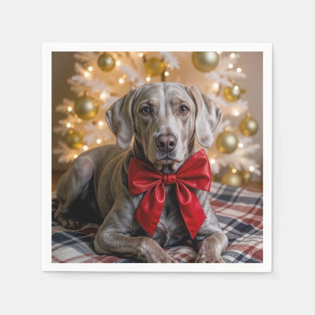 Servilleta De Papel Weimaraner de Navidad con lazo rojo (Anverso)