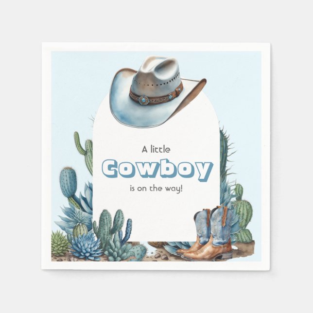 Servilleta De Papel Western Blue Little Cowboy Rodeo Boy Baby Shower (Anverso)