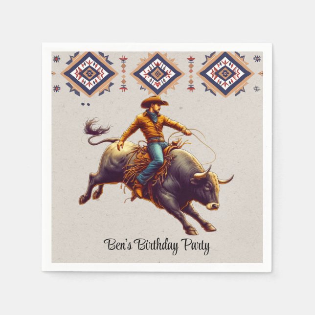 Servilleta De Papel Western Cowboy Bull Rider Aztec Birday Party (Anverso)