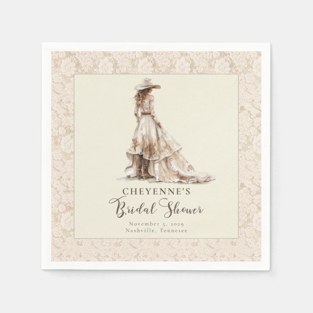 Servilleta De Papel Western Cowgirl Boots and Lace Bridal Shower  (Anverso)