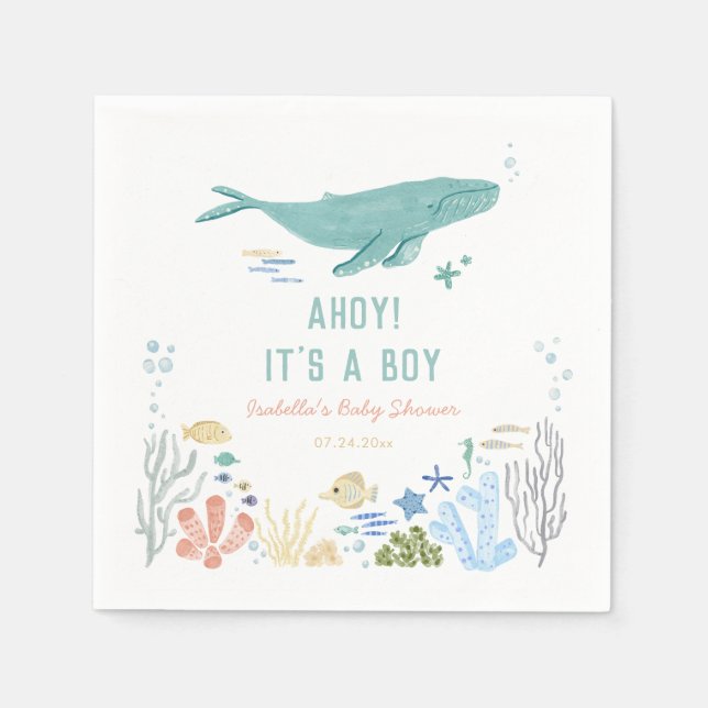 Servilleta De Papel Whale Ahoy es un chico Baby Shower (Anverso)