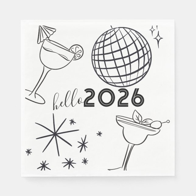 Servilleta De Papel Whimiscal Doodles Hello 2026 New Years Gold (Anverso)
