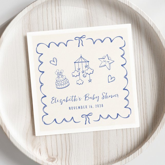 Servilleta De Papel Whimsical Blue Wavy Frame Baby Boy Shower (Subido por el creador)
