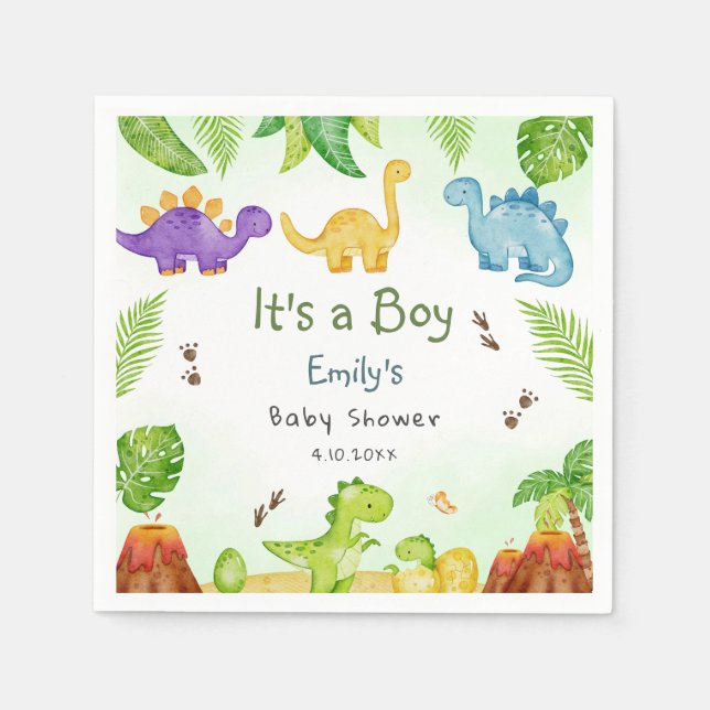 Servilleta De Papel Whimsical Boho Watercolor Dinosaur Greenery Boy  (Anverso)