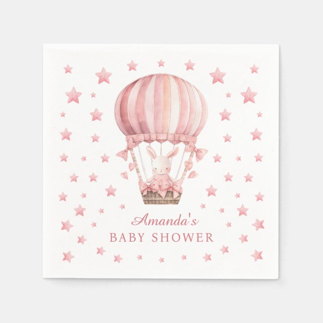 Servilleta De Papel Whimsical Bunny Balloon Pink Stars Baby Shower (Anverso)