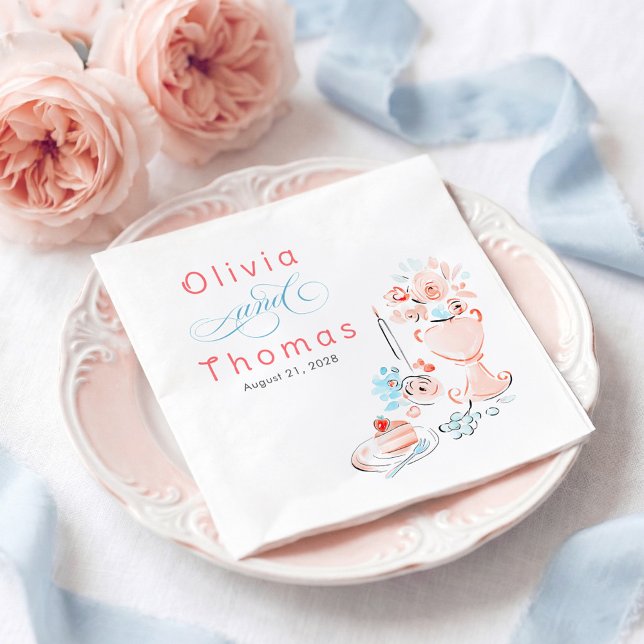 Servilleta De Papel Whimsical Chic Elegant Hand Drawn Wedding (Dusty Blue and Pink Whimsical Hand-illustrated Doodles Napkins for Wedding Reception)
