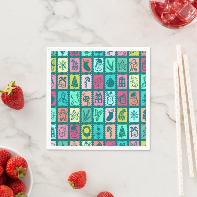 Servilleta De Papel Whimsical Christmas Grid Cute Bright Holiday Paper (In situ)