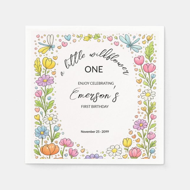 Servilleta De Papel Whimsical Colorful Little Wildflower 1st Birthday  (Anverso)