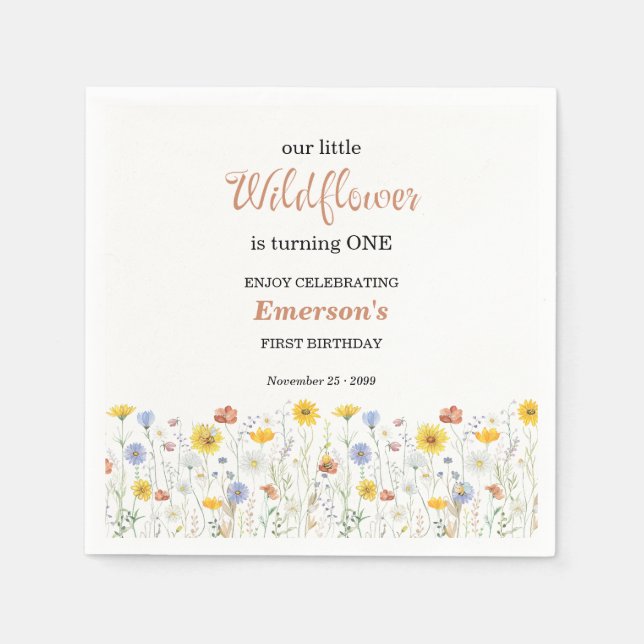Servilleta De Papel Whimsical Colorful Wildflower 1st Birthday Party (Anverso)