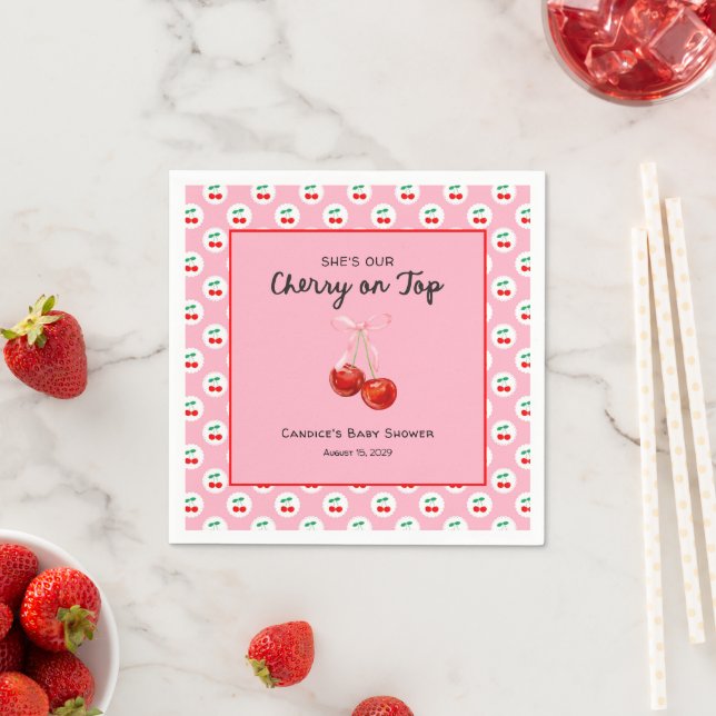 Servilleta De Papel Whimsical Coqette Cherry en Baby Shower top (In situ)
