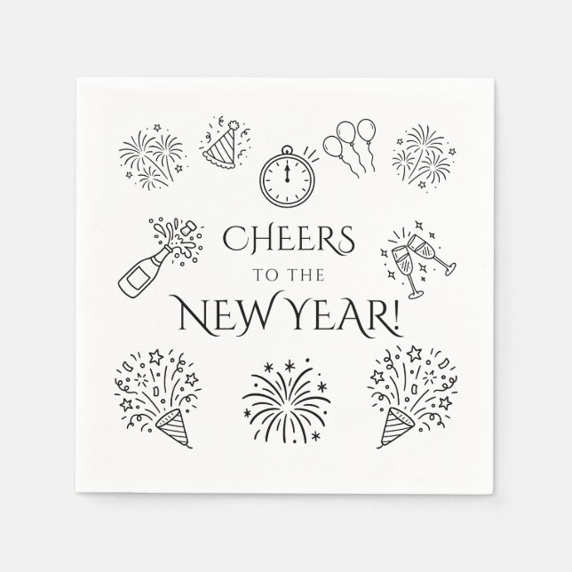 Servilleta De Papel Whimsical Doodles Black Cheers to New Year Party (Anverso)
