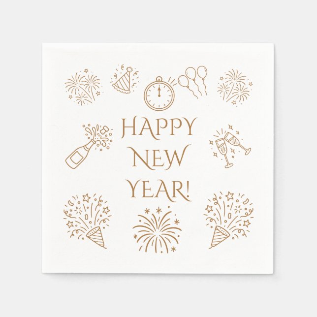 Servilleta De Papel Whimsical Doodles Gold Happy New Year (Anverso)