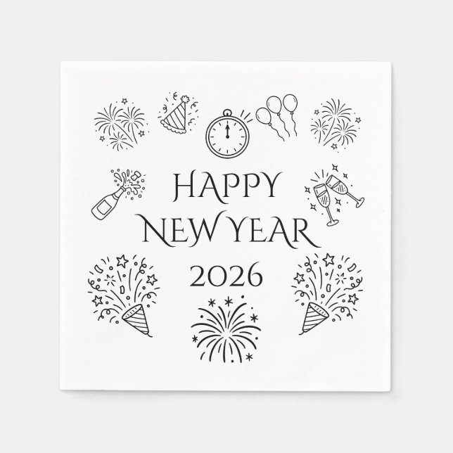 Servilleta De Papel Whimsical Doodles Happy New Year 2026 (Anverso)